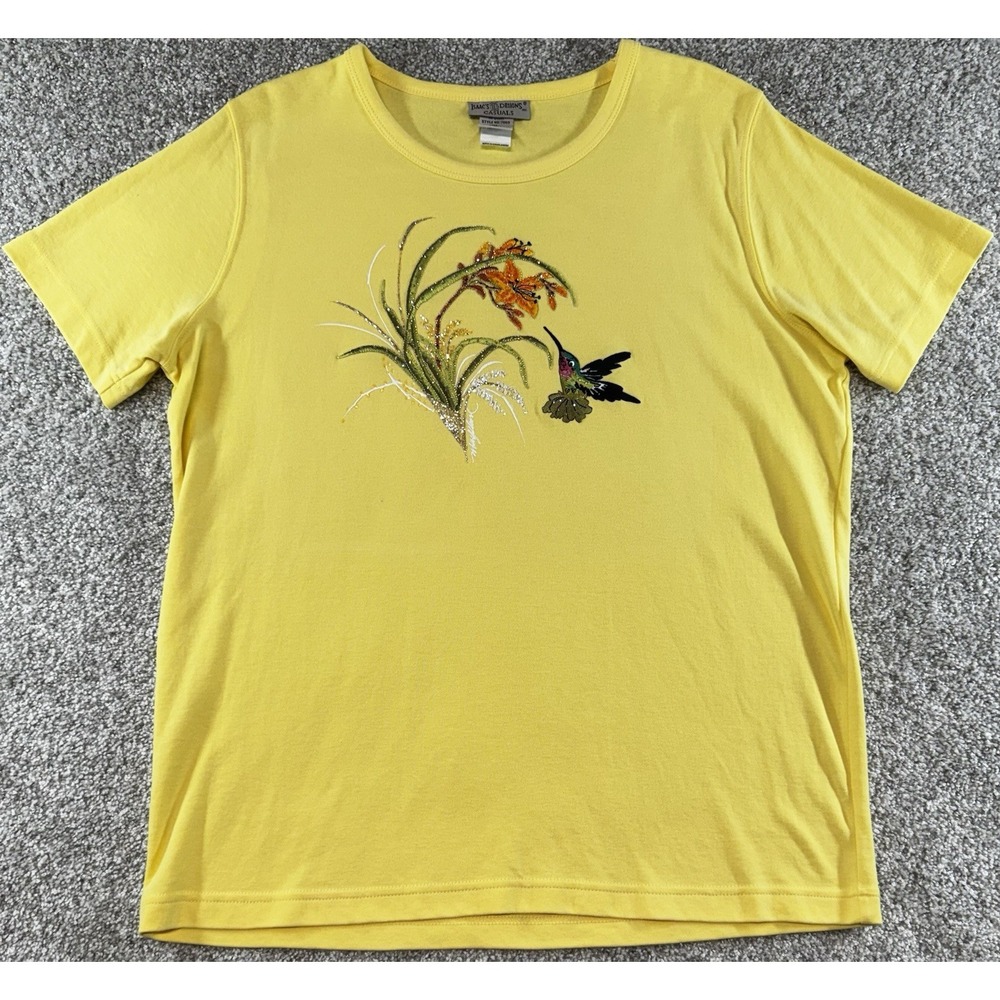 Isaac's Designs Casuals Hummingbird T-Shirt Womens XL Yellow Embroidered Sequins
